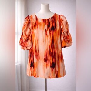DKNY Orange and Red Tie-Dye Puff Sleeve Blouse